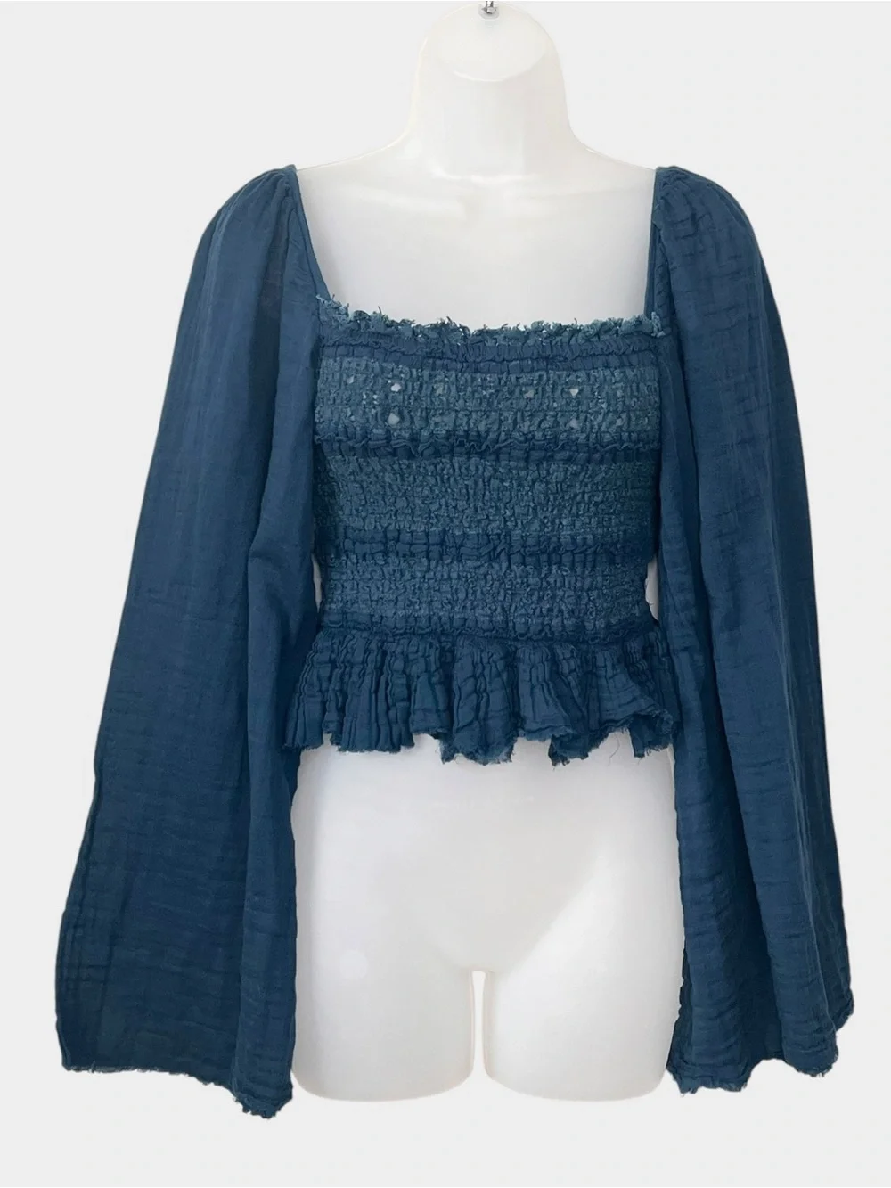 FREE PEOPLE FP ONE Afton Smocked Gauze Square Neck Crop Top Peacock Blue Boho
